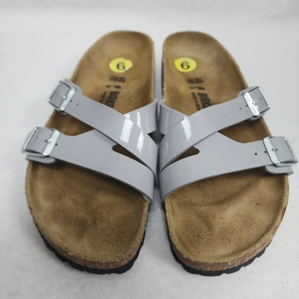 Birkenstock Franca Womens 9 Slide Gray Birko Flor Patent Slip On Comfort Sandal